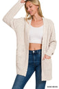 Sand beige Zenana long sleeve popcorn sweater cardigan with front pockets, casual and cozy for everyday wear.