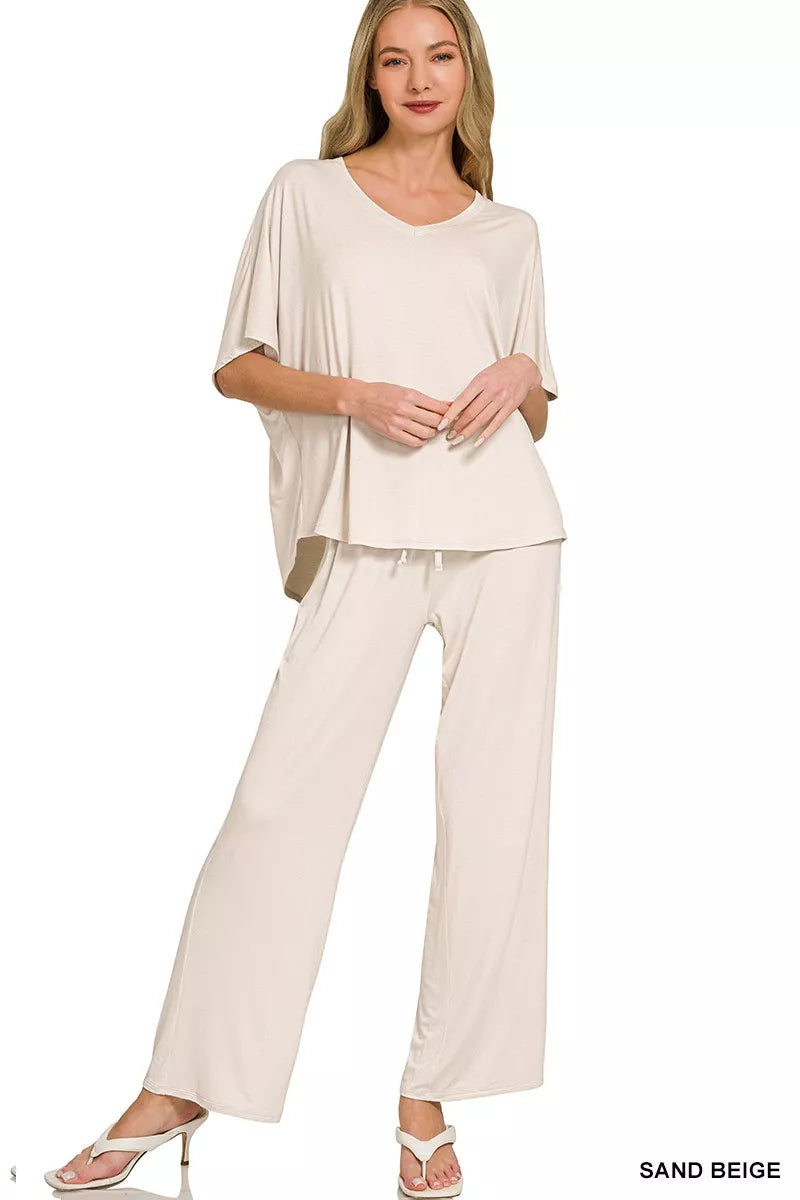 Sand beige Zenana V-neck oversized top and pants set, casual loungewear with relaxed fit and comfortable fabric.