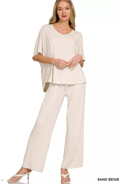 Sand beige Zenana V-neck oversized top and pants set, casual loungewear with relaxed fit and comfortable fabric.