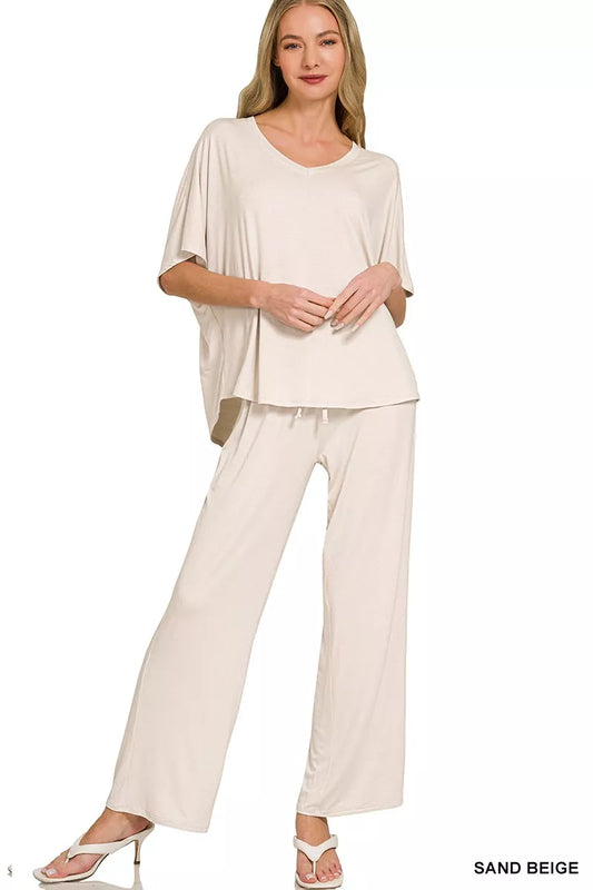 Sand beige Zenana V-neck oversized top and pants set, casual loungewear with relaxed fit and comfortable fabric.