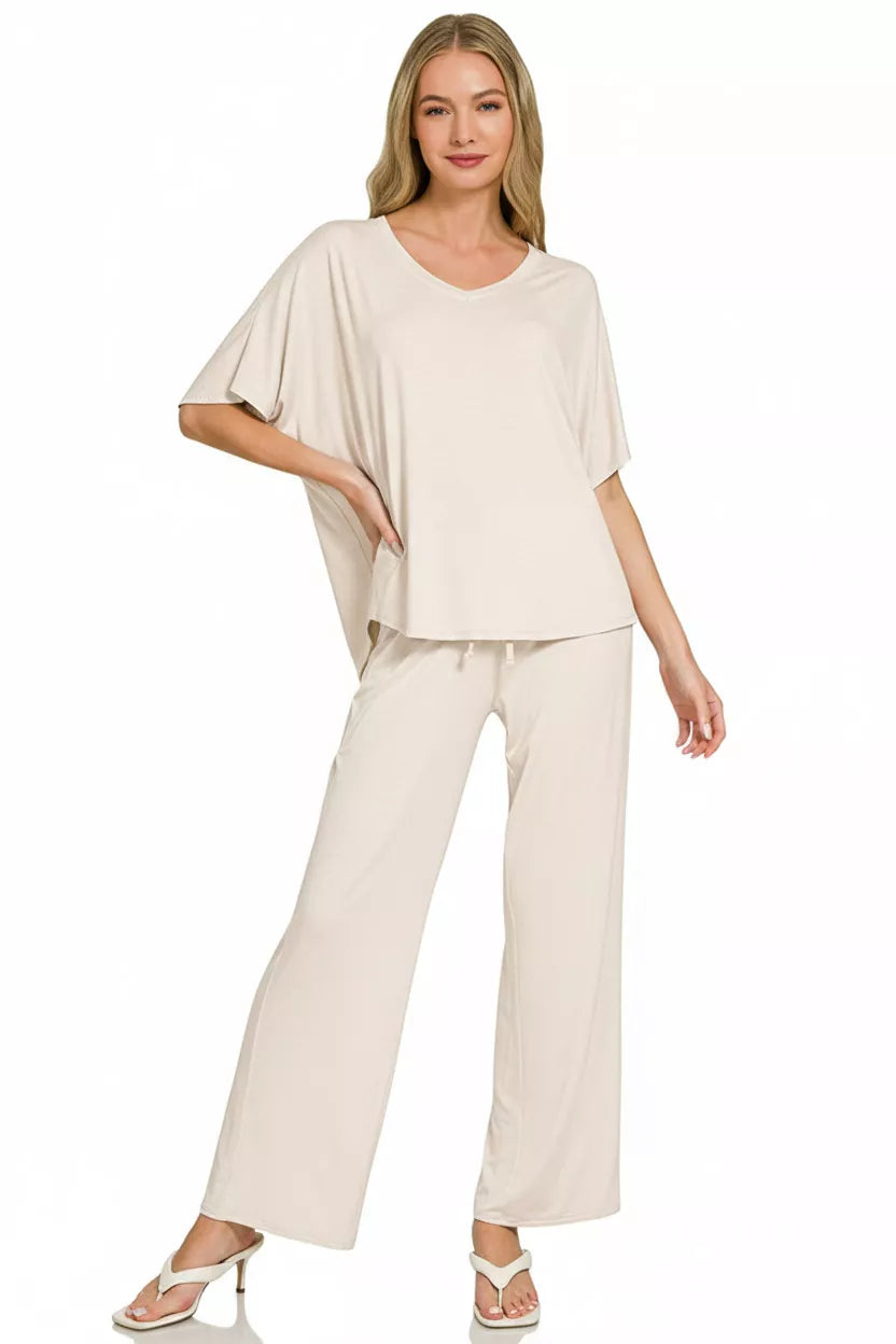 Sand beige Zenana V-neck oversized top and pants set, casual loungewear with relaxed fit and comfortable fabric.