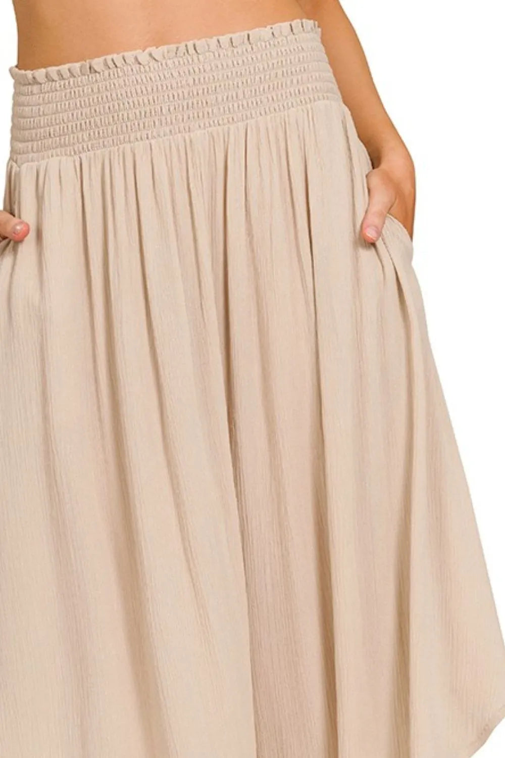 Sand beige Zenana woven crinkle maxi skirt with smocked waist and pockets, perfect for casual or summer wear.