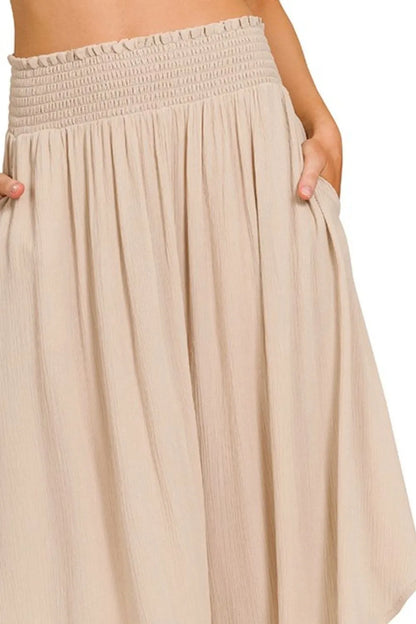 Sand beige Zenana woven crinkle maxi skirt with smocked waist and pockets, perfect for casual or summer wear.