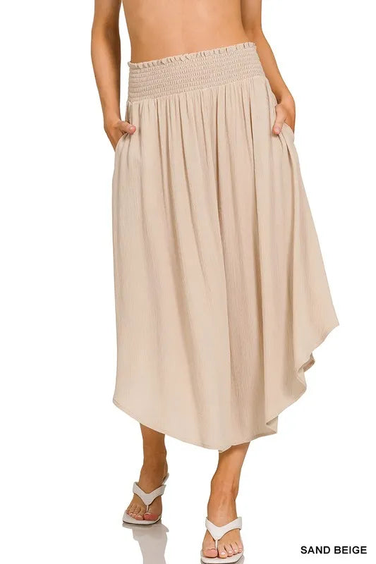 Sand beige Zenana woven crinkle maxi skirt with smocked waist and pockets, perfect for casual or summer wear.
