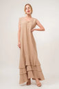 Sand-colored Trendsi And The Why washed fringe detail tiered dress with layered fabric and casual, bohemian style.