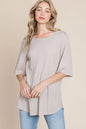 Sand-colored Trendsi BOMBOM round neck waffle knit T-shirt with long sleeves and ribbed collar, casual and comfortable fit.