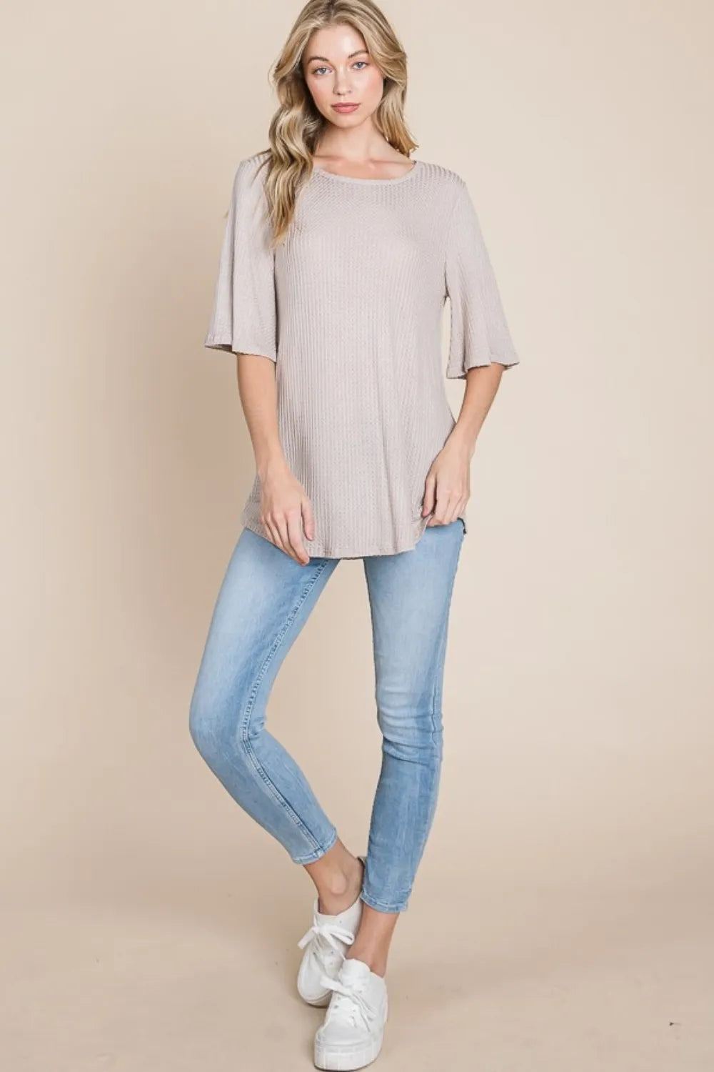 Sand-colored BOMBOM round neck waffle knit T-shirt by Trendsi, featuring a close-up of the textured fabric and classic fit.