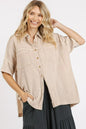 Trendsi Mittoshop mineral wash gauze oversized short sleeve shirt in sand color, relaxed fit with soft, breathable fabric.