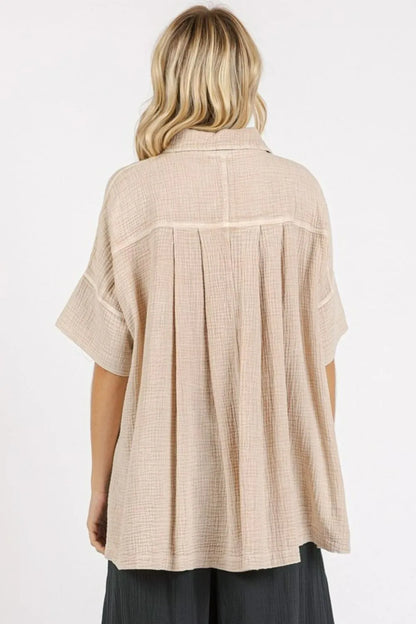 Sand-colored Mittoshop mineral wash gauze oversized short sleeve shirt by Trendsi, shown on a model.