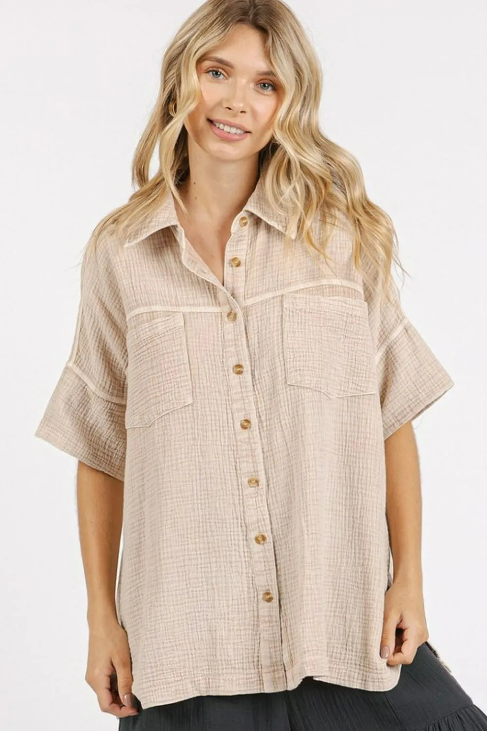 Sand-colored Mittoshop mineral wash gauze oversized short sleeve shirt, casual and breathable for relaxed style.