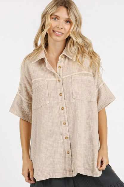 Sand-colored Mittoshop mineral wash gauze oversized short sleeve shirt, casual and breathable for relaxed style.
