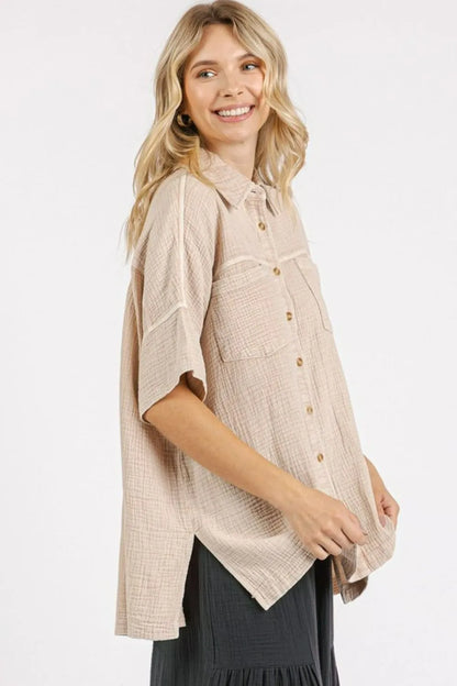 Sand-colored Mittoshop mineral wash gauze oversized short sleeve shirt, relaxed fit, lightweight and breathable for casual wear.