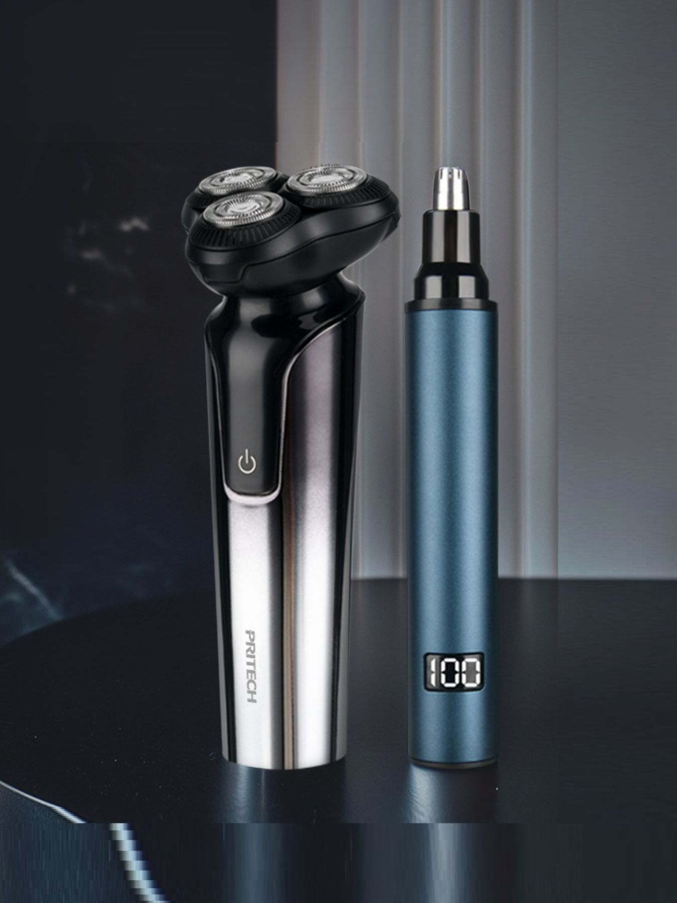 Trendsi rechargeable electric shaver with rotary blades and a nose hair trimmer attachment, compact grooming device for men