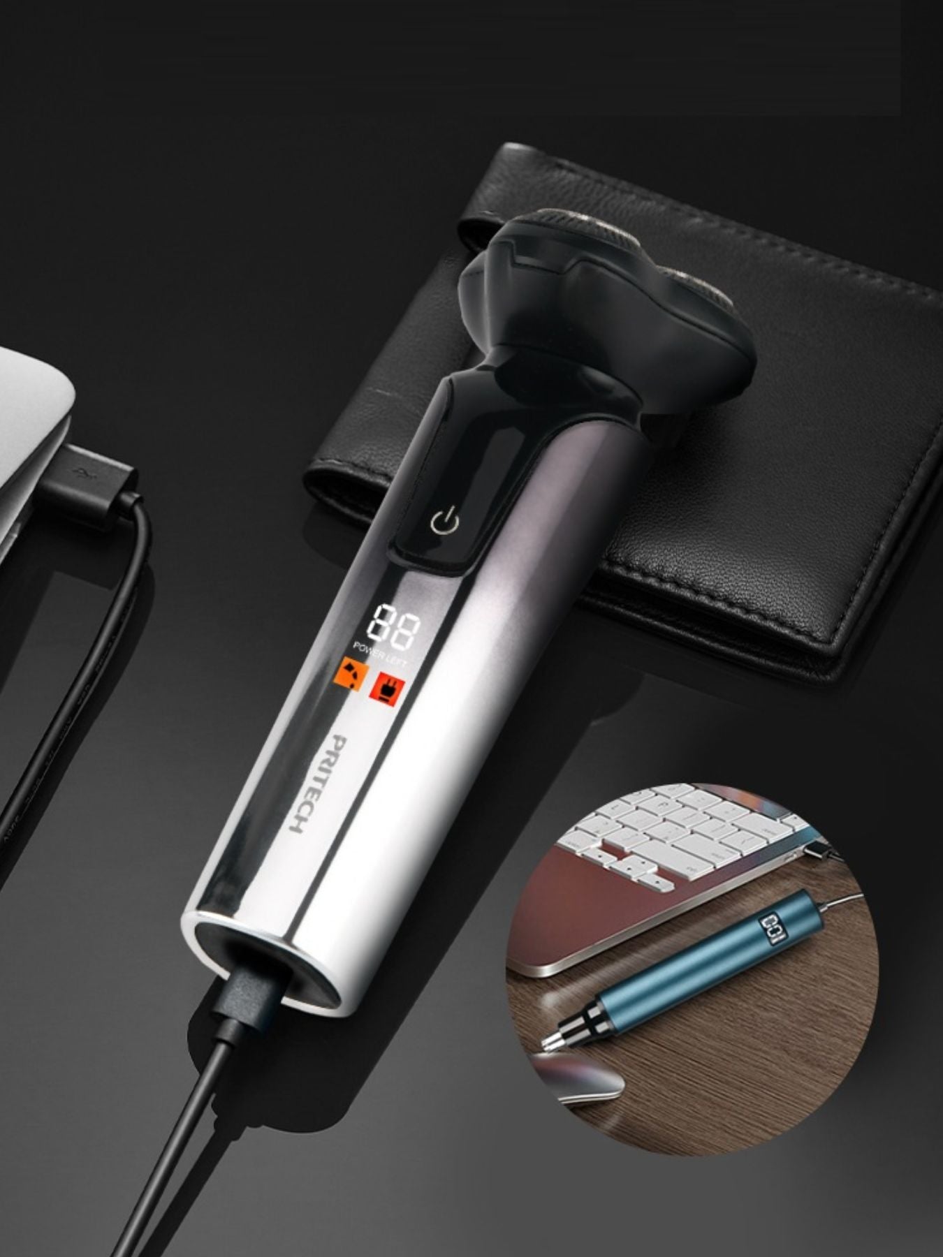 Trendsi rotary rechargeable electric shaver and nose hair trimmer with sleek design and dual grooming heads.