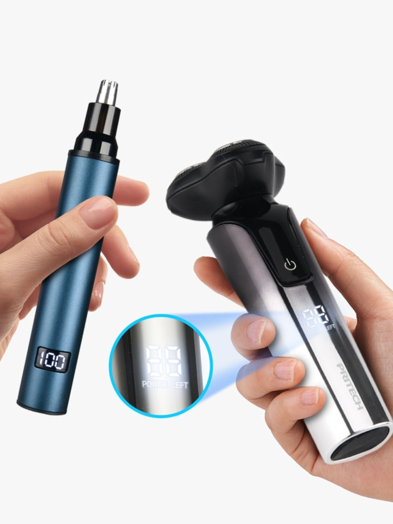 Trendsi rotary rechargeable electric shaver and nose hair trimmer with sleek design, dual grooming heads, and ergonomic handle.