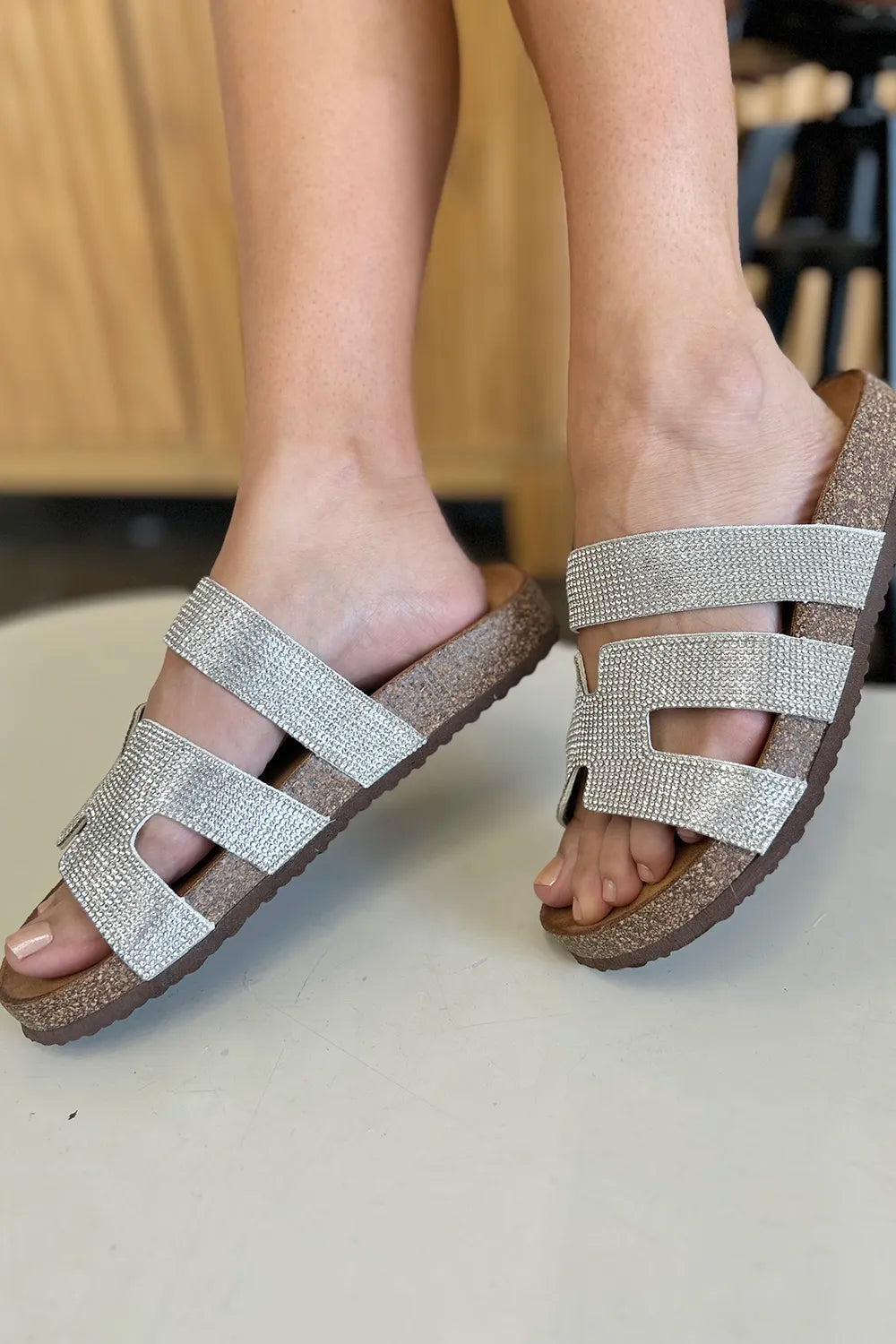 Silver Forever Link Rhinestone open toe sandals by Trendsi, featuring rhinestone embellishments and a stylish open toe design.