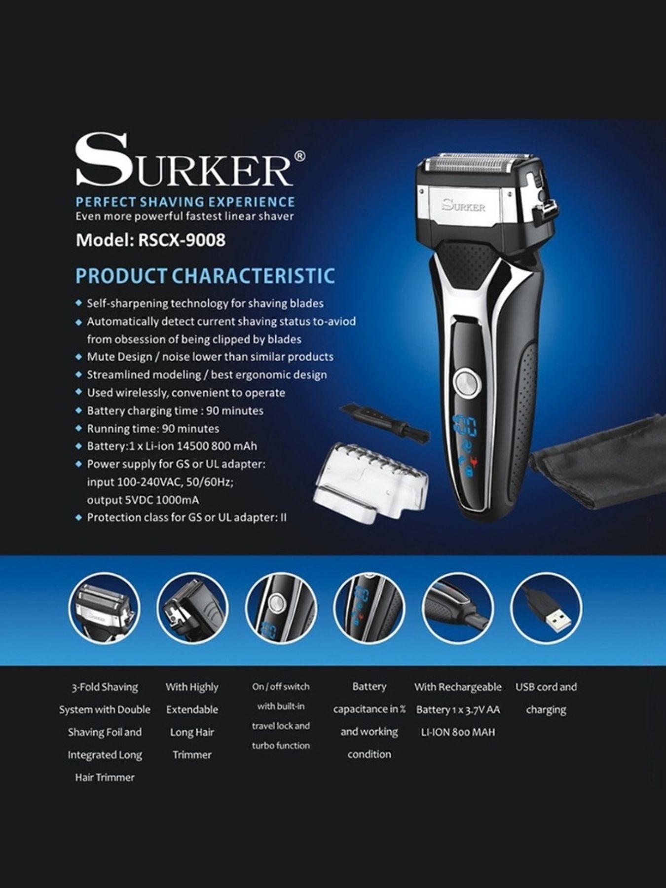 Trendsi rechargeable electric shaver with silver and black design and European plug, ideal for quick and smooth grooming.