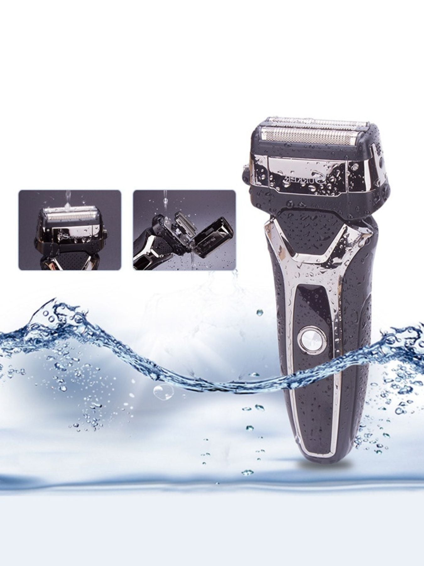 Trendsi rechargeable electric shaver in silver and black with European plug, featuring a sleek design and multiple grooming heads.