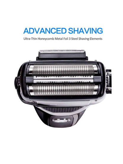 Silver and black rechargeable electric shaver with European plug by Trendsi, featuring a sleek design for precise grooming.