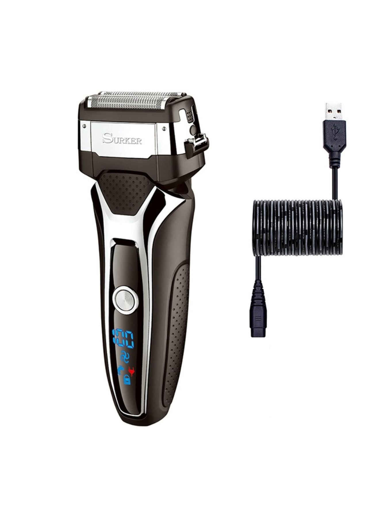 Silver and black rechargeable electric shaver with European plug by Trendsi, designed for smooth, close shaving.