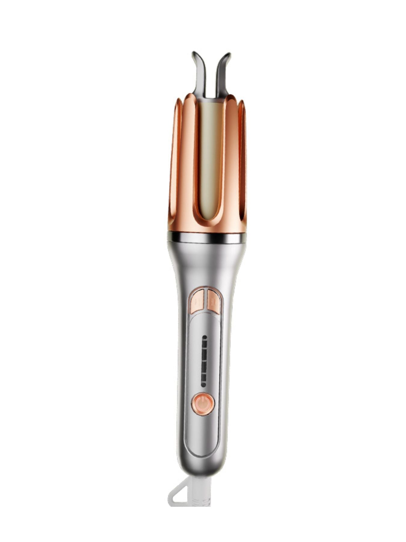 Silver Trendsi automatic hair curling iron with European plug, showcasing its sleek design and curling barrel for styled hair.