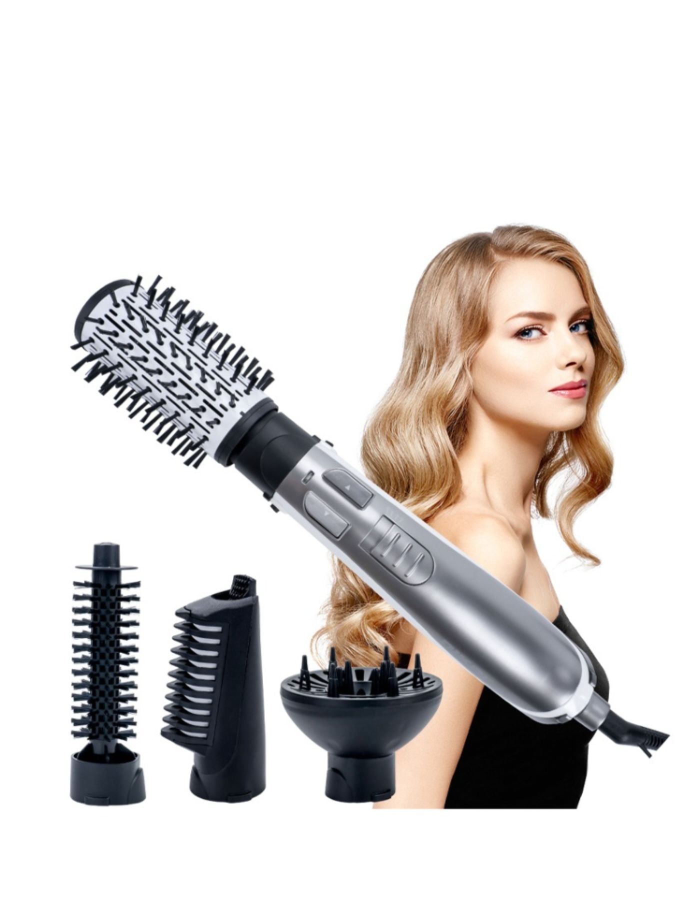 Silver lightweight hot air brush by Trendsi with European plug for easy styling and volumizing hair.