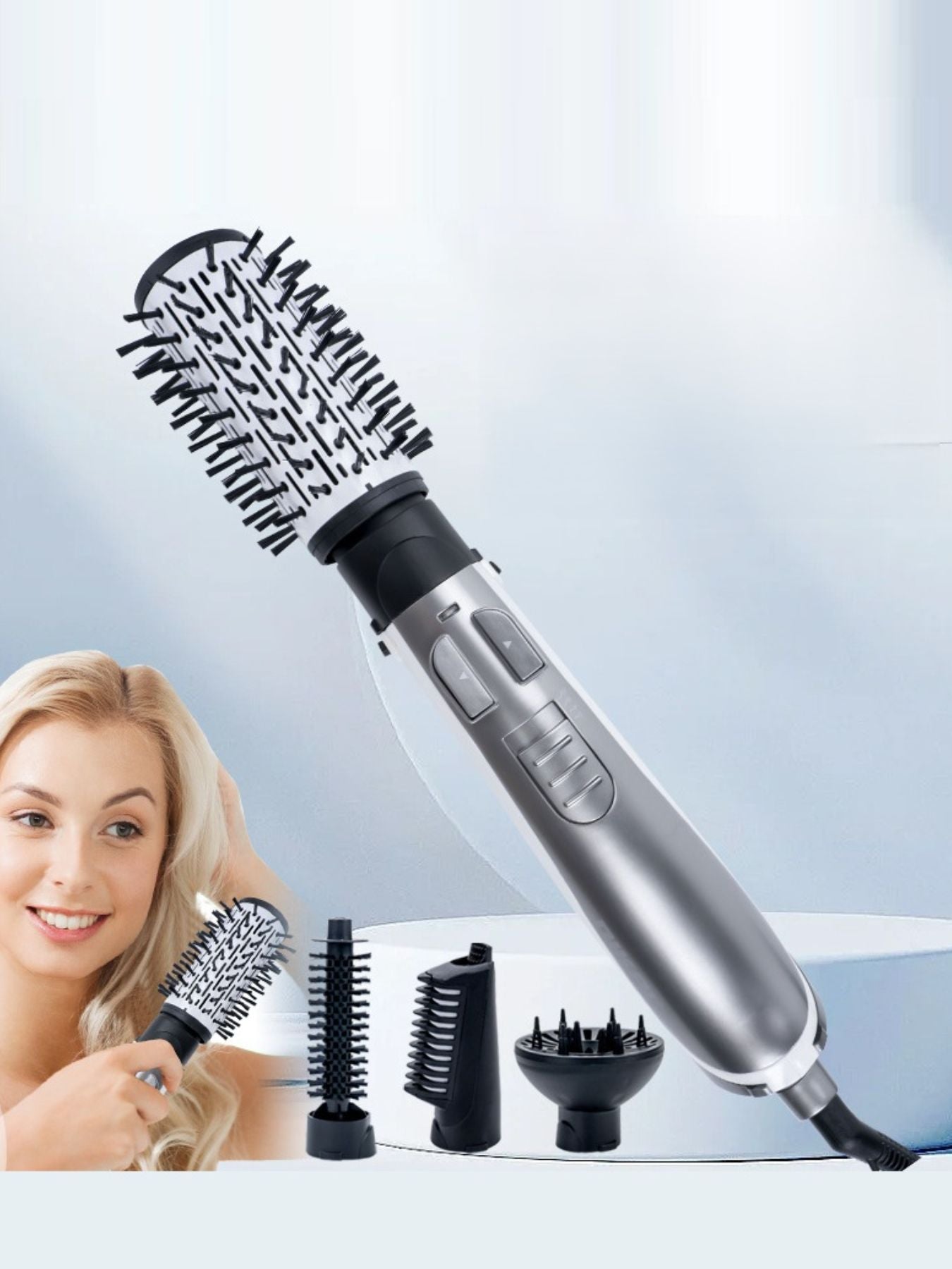 Silver lightweight hot air brush by Trendsi with European plug, designed for easy styling and volumizing hair.