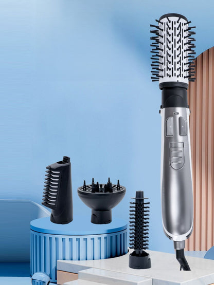 Silver lightweight hot air brush by Trendsi with European plug, showcasing its ergonomic design and styling nozzle.