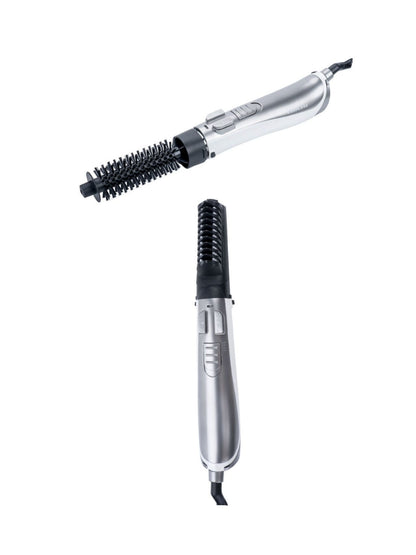 Silver lightweight hot air brush by Trendsi with European plug, shown in a close-up view highlighting its compact design.