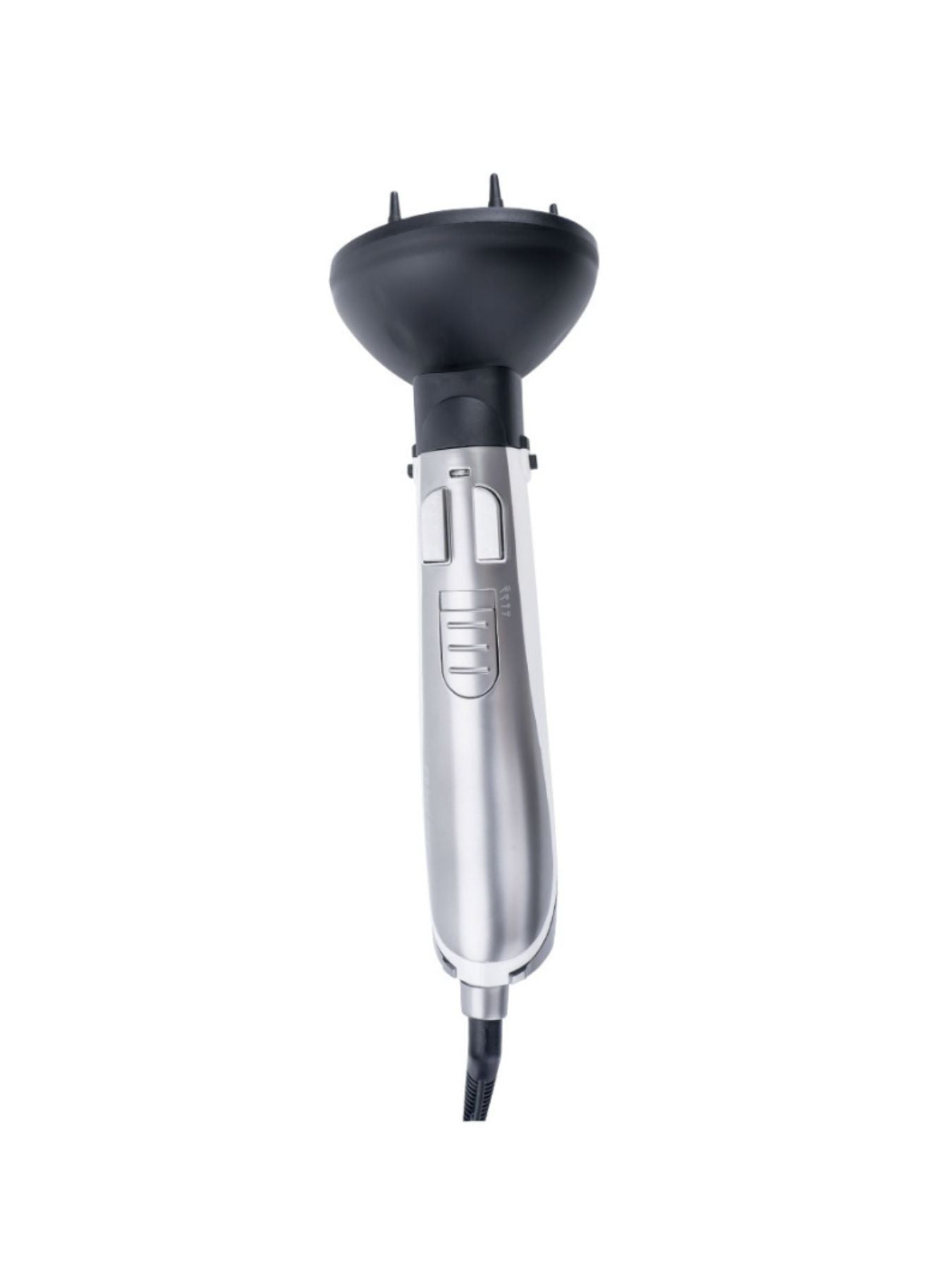 Silver lightweight hot air brush by Trendsi with European plug, showcasing its compact design and styling features.