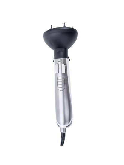 Silver lightweight hot air brush by Trendsi with European plug, showcasing its compact design and styling features.