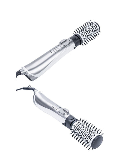 Silver lightweight hot air brush by Trendsi with European plug, showing a sleek design for easy styling and volumizing hair.