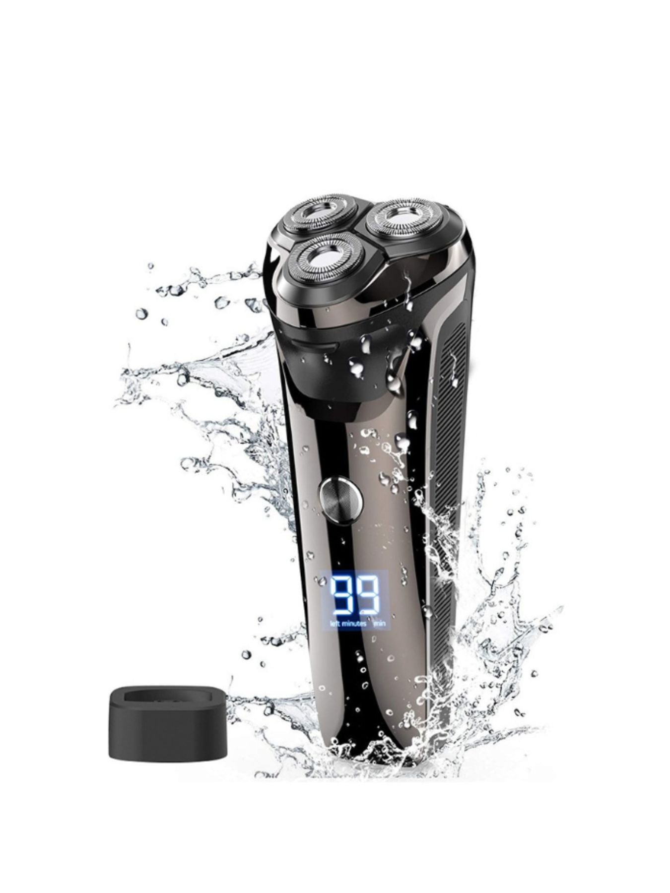 Silver-gray Trendsi electric rotary shaver with LED display, showcasing a sleek design and multiple shaving heads.