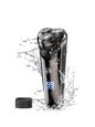 Silver-gray Trendsi electric rotary shaver with LED display, showcasing a sleek design and multiple shaving heads.