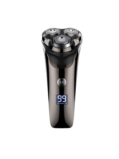 Silver-gray electric rotary shaver with LED display by Trendsi, showing close-up of the shaver's head and sleek design