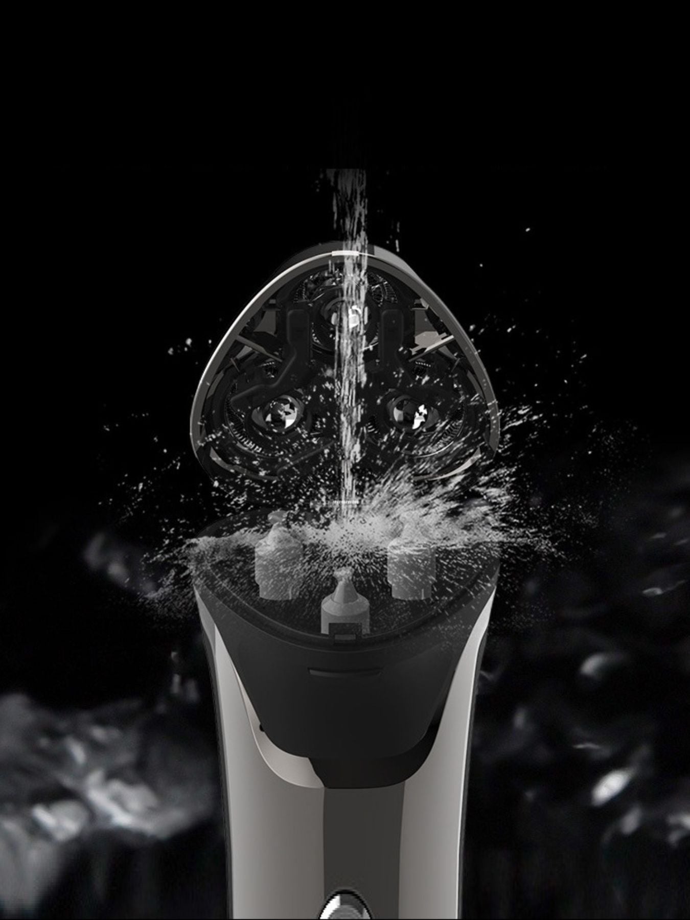 Silver gray electric rotary shaver with LED display, Trendsi brand, showing close-up of shaving head and control panel
