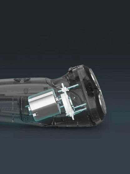 Silver-gray electric rotary shaver with LED display showing battery and shaving status, from Trendsi.