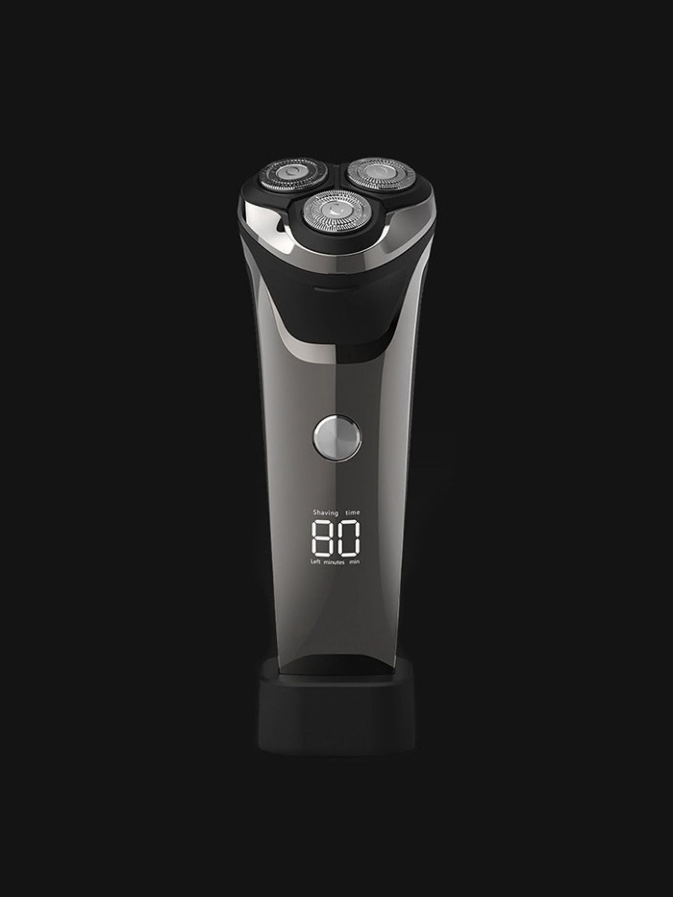 Silver-gray electric rotary shaver with LED display from Trendsi, featuring multiple rotary heads and a sleek ergonomic design.