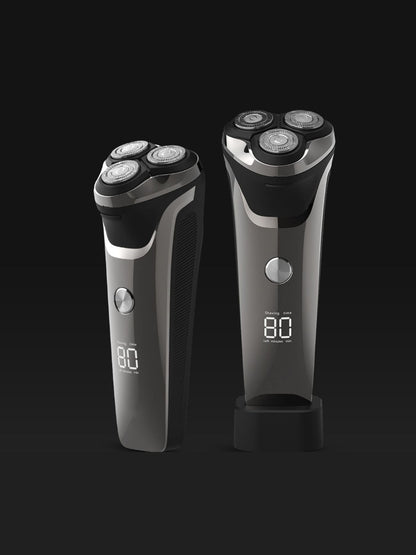 Silver-gray Trendsi electric rotary shaver with LED display, showcasing a sleek design and close-shaving blades.