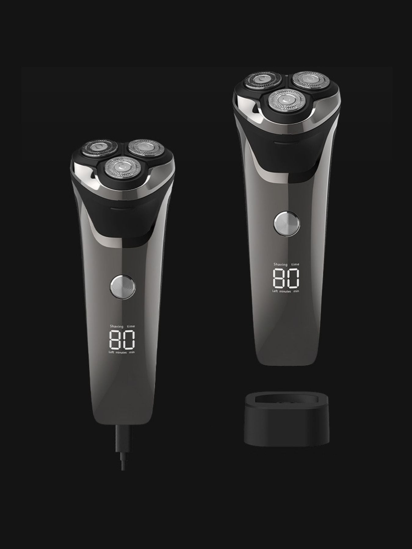Silver-gray electric rotary shaver with LED display, featuring multiple rotary blades and ergonomic design by Trendsi.