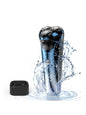 Silver-gray electric rotary shaver with LED display and ergonomic handle, designed for a close, comfortable shave.