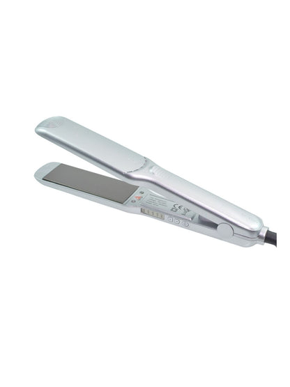 Silver Trendsi adjustable temperature hair straightener with North American plug, showing sleek design and control buttons.