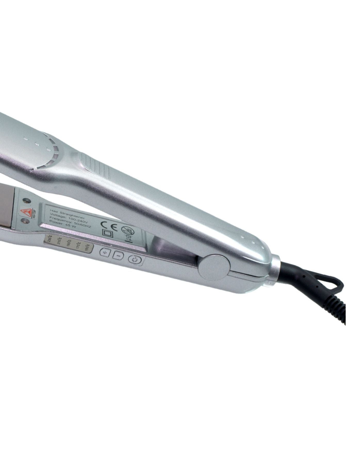 Silver Trendsi adjustable temperature hair straightener with North American plug, featuring sleek design and digital temperature control.