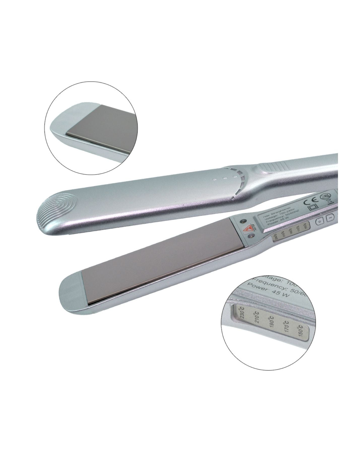 Silver adjustable temperature hair straightener by Trendsi with North American plug, designed for sleek, straight hairstyles.