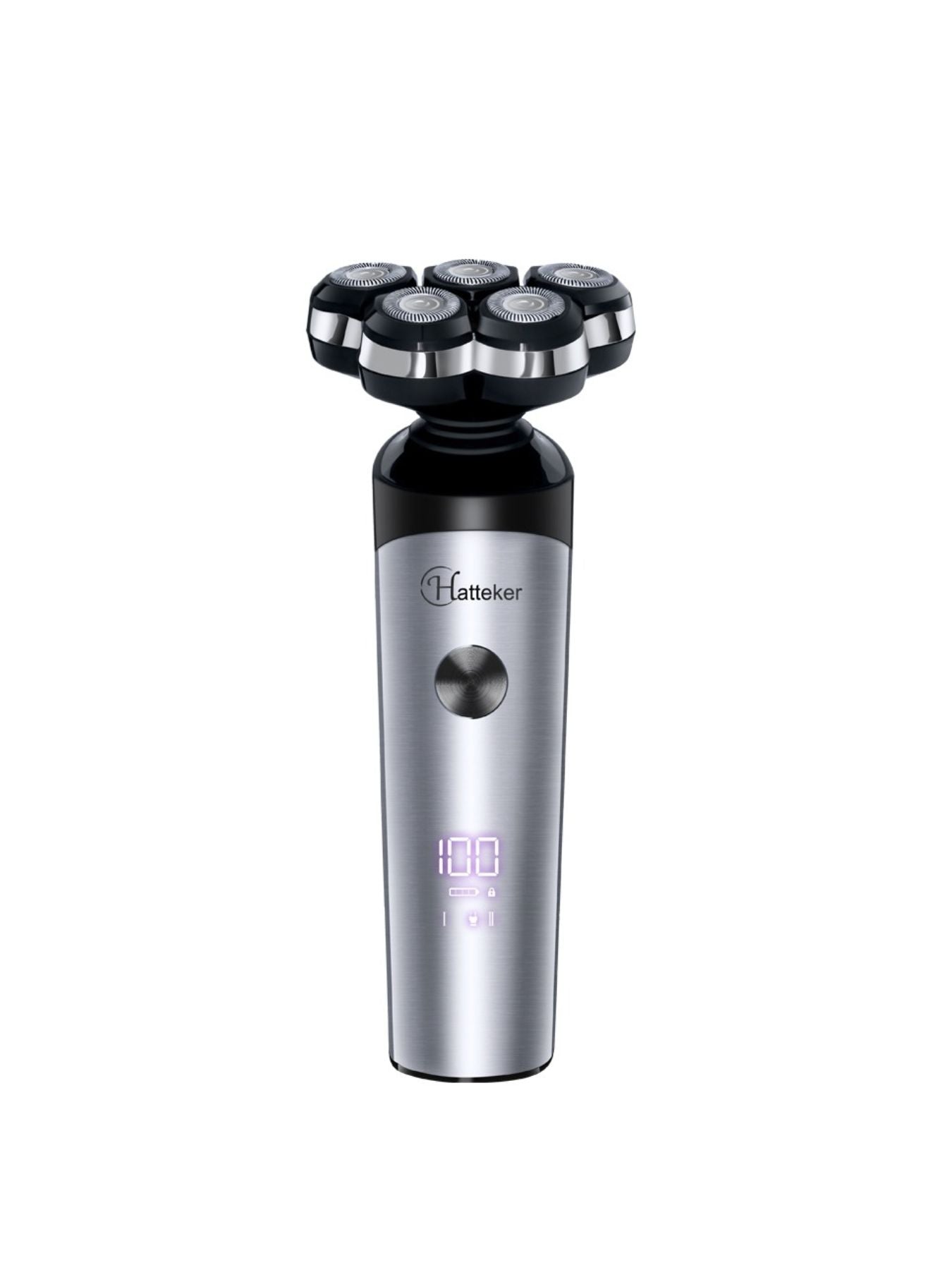 Silver 5-head rechargeable electric shaver from Trendsi with sleek design and multiple grooming heads for a close shave.