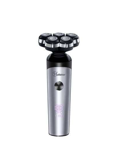 Silver 5-head rechargeable electric shaver from Trendsi with sleek design and multiple grooming heads for a close shave.