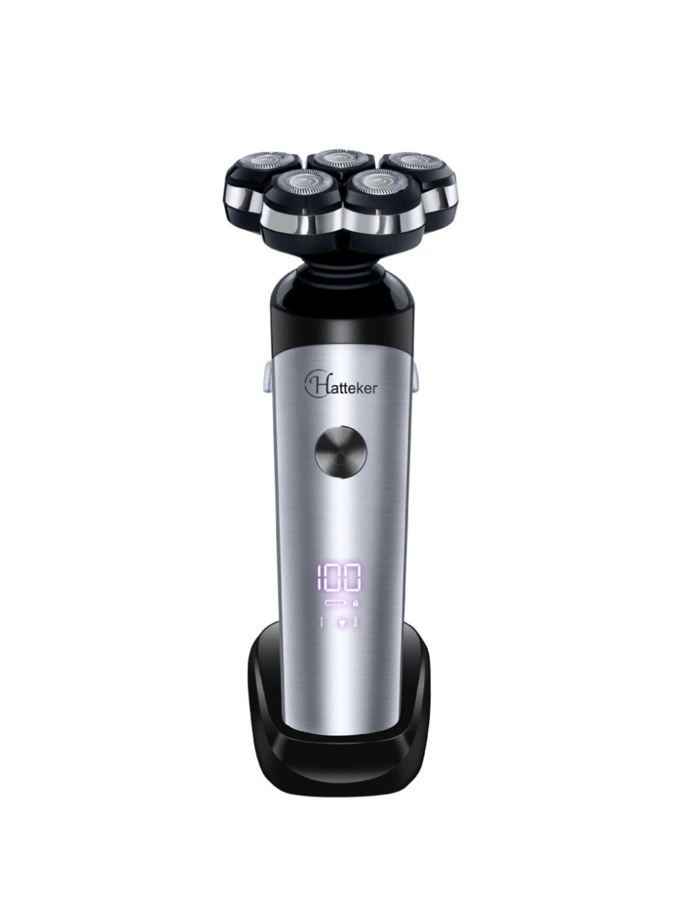 Silver 5-head rechargeable electric shaver by Trendsi with a sleek design and multiple grooming heads for a close shave.