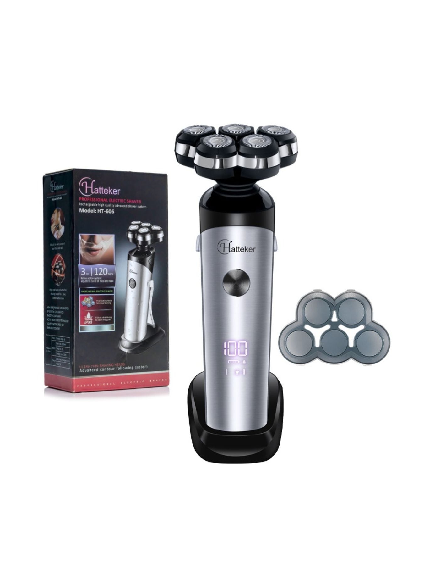 Silver 5-head rechargeable electric shaver from Trendsi with multiple cutting heads for close, smooth shaves.
