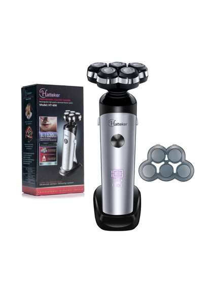 Silver 5-head rechargeable electric shaver from Trendsi with multiple cutting heads for close, smooth shaves.