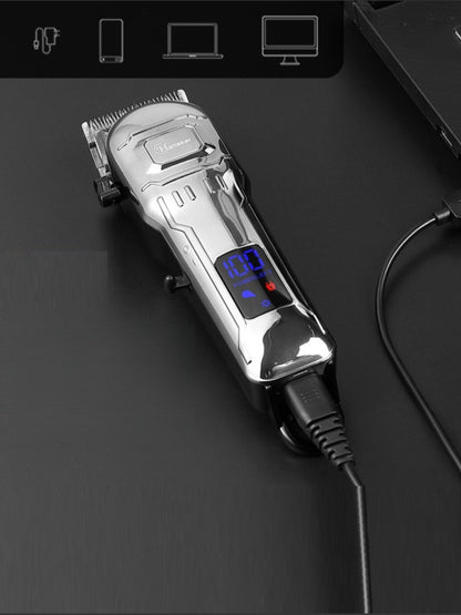 Silver cordless hair clipper with LED display from Trendsi, showing adjustable blade settings and ergonomic design.